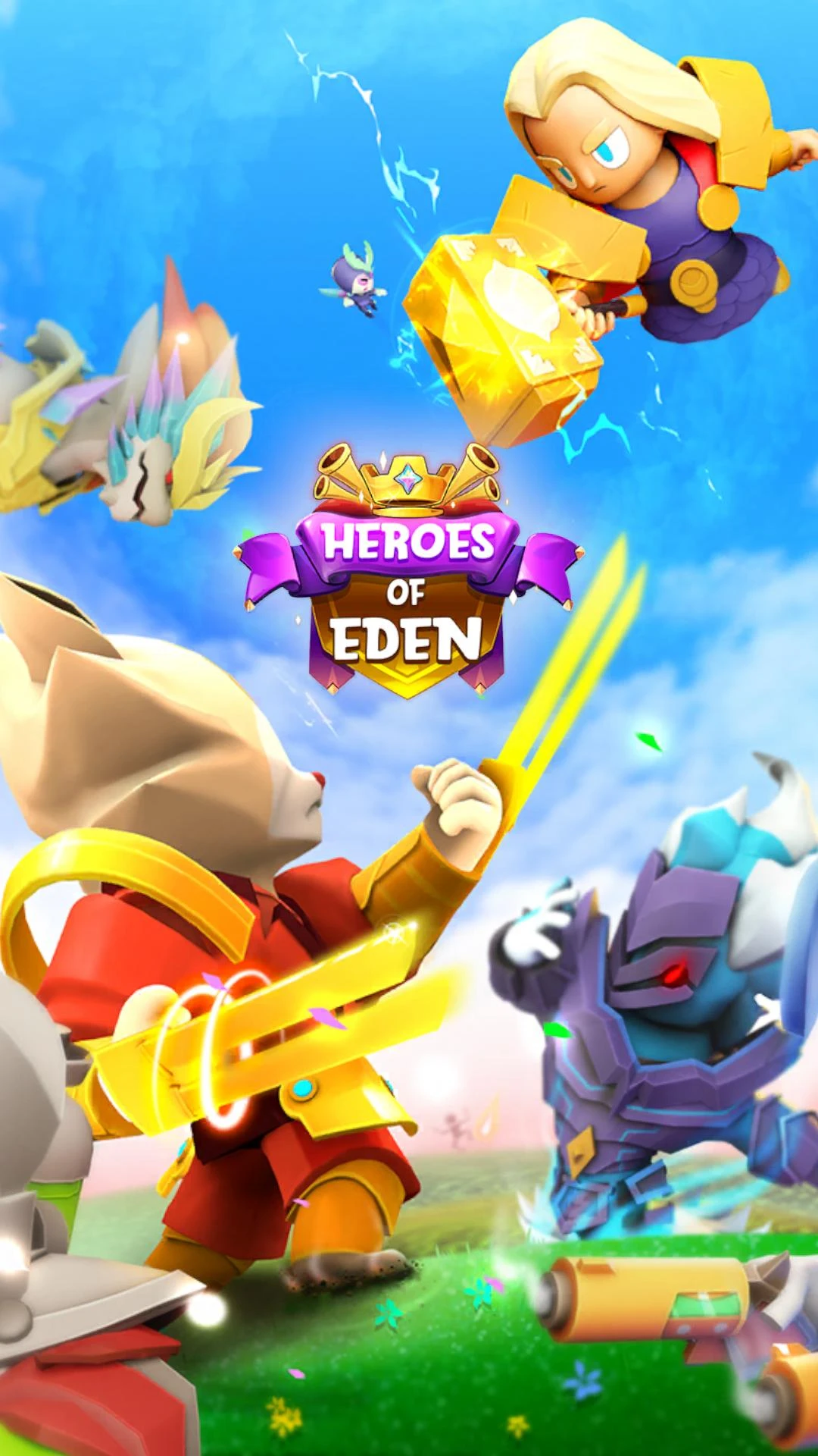 Officiële Heroes of Eden-illustratie met helden en fantasiefiguren Officiële Heroes of Eden-illustratie met helden en fantasiefiguren