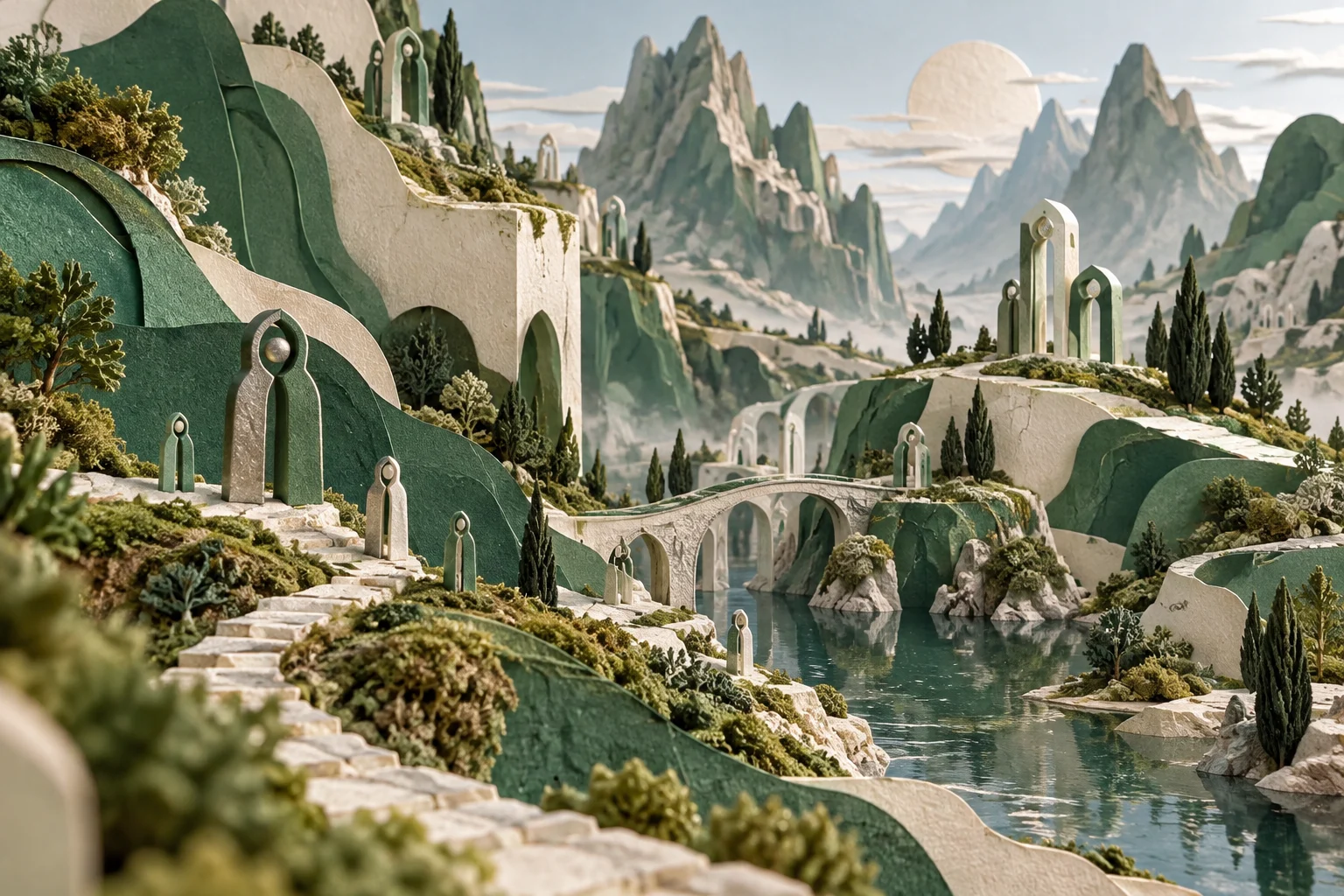 Gelaagd papieren fantasielandschap met groene heuvels en sculpturale abstracte figuren